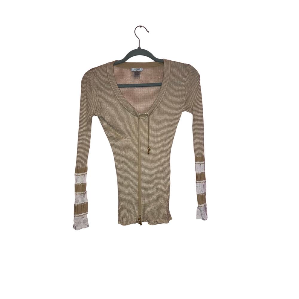 Cache Tan & White Knit Top Size XS